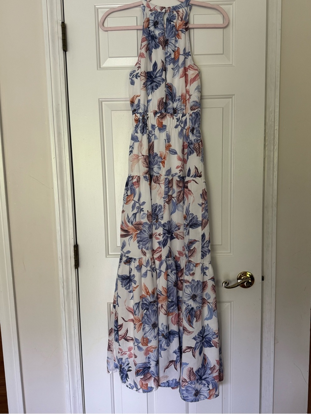 Floral Halter Maxi Dress in White with Blue & Coral Print - Picture 4 of 5